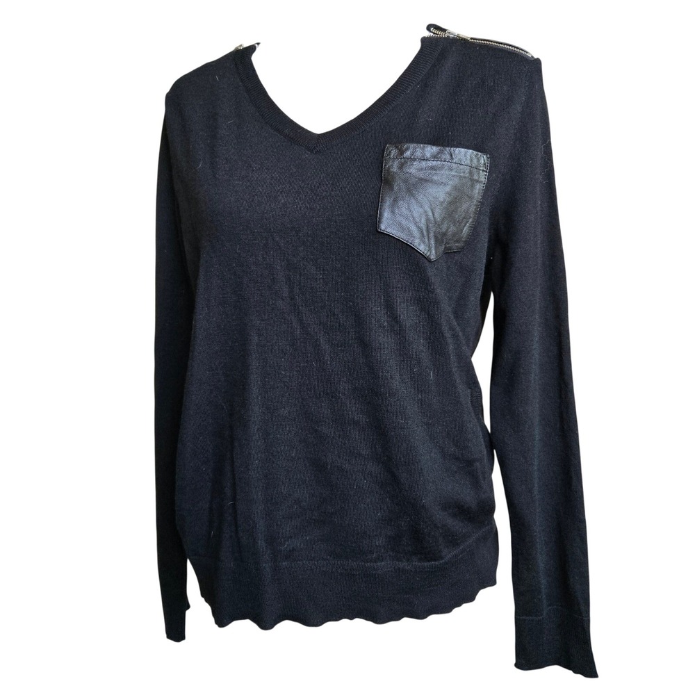 The Kooples Black Merino Wool V Neck Sweater with Leather Pocket - Small